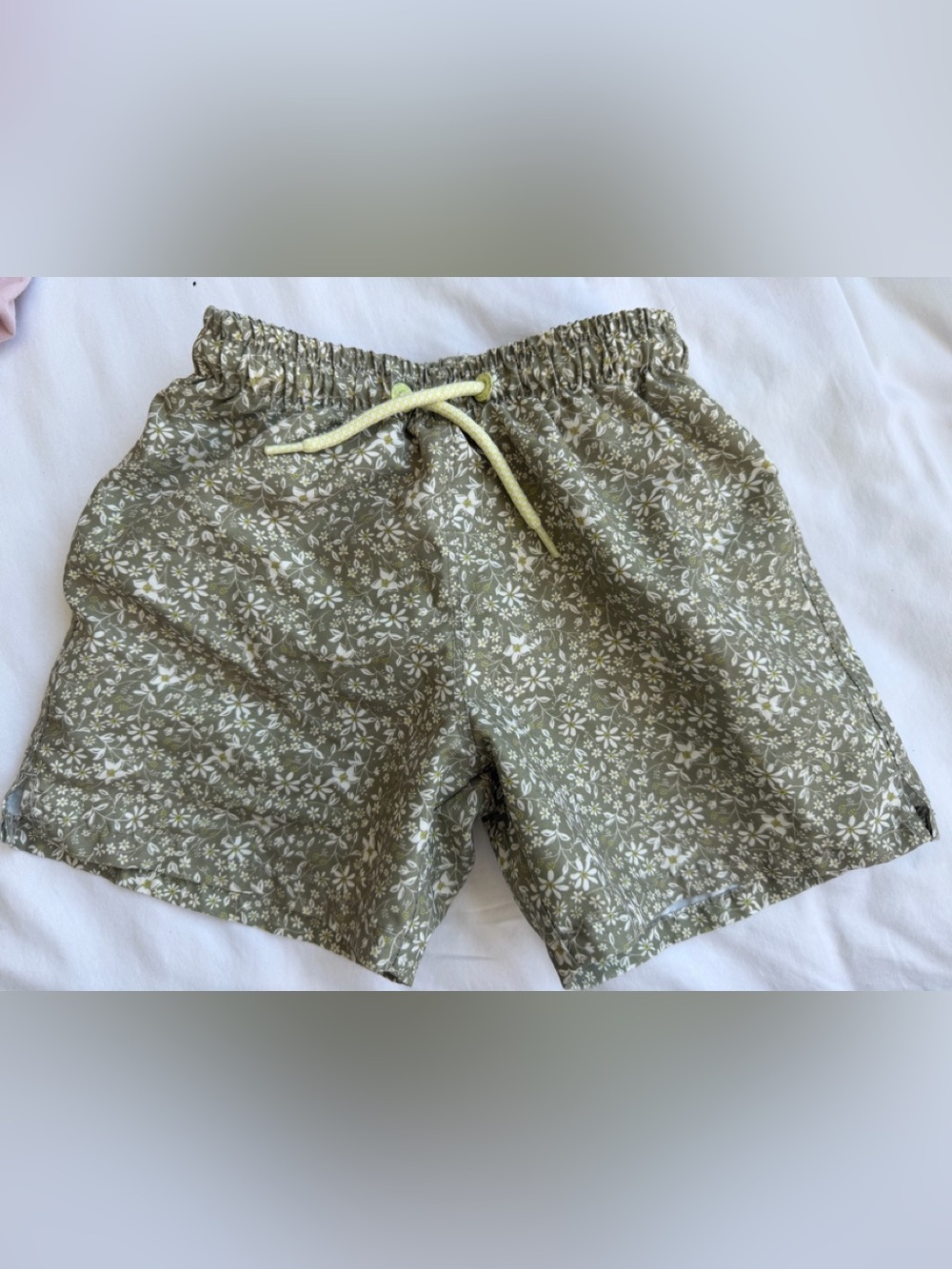 Kids Olive Green Floral Swim Trunks with Drawstring